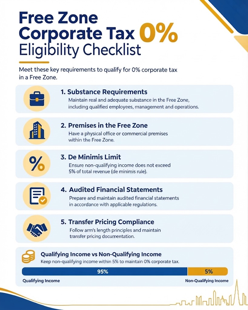Infographic showing the UAE free zone corporate tax 0% eligibility checklist, covering substance, premises, de minimis limit, audited financials, and transfer pricing requirements
